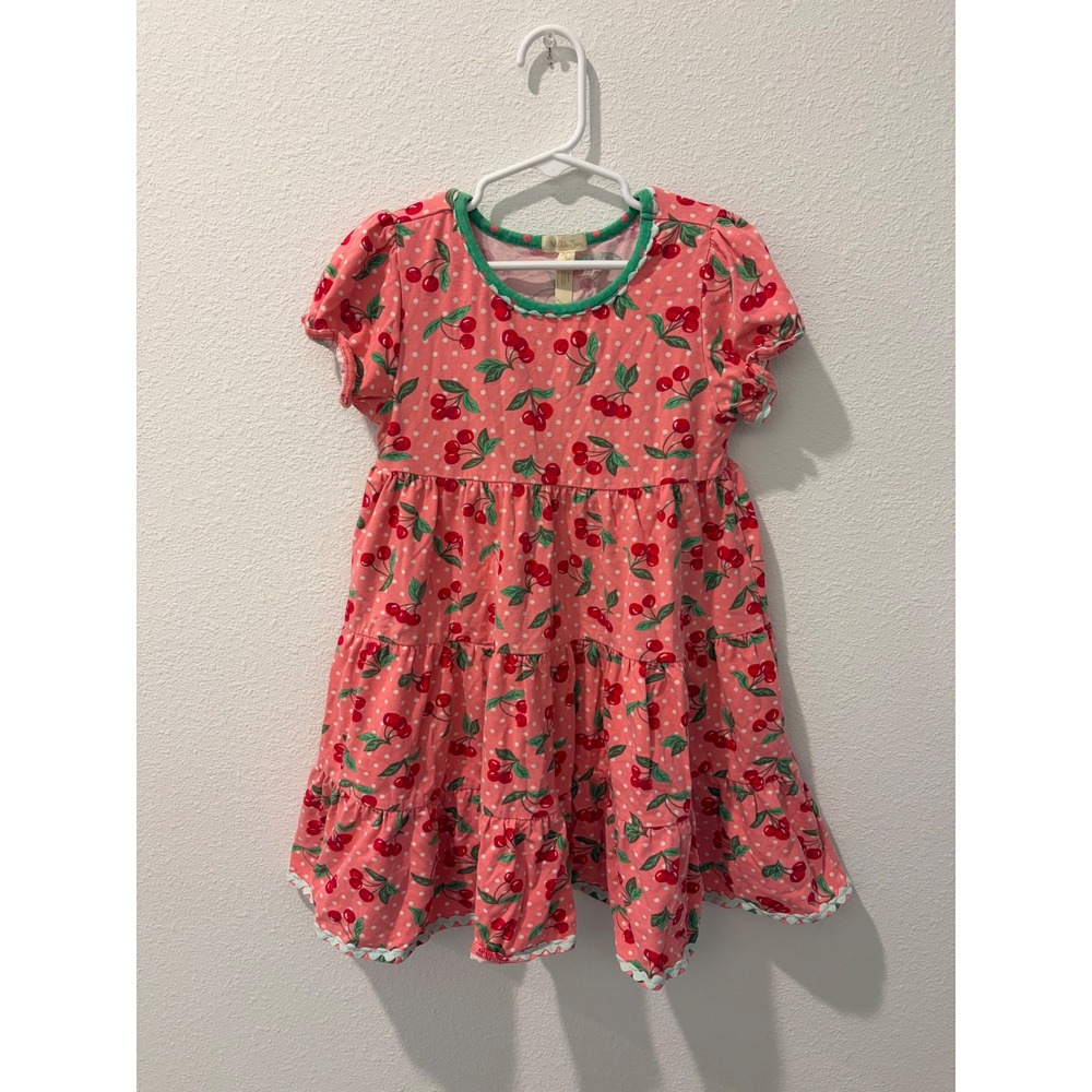 Matilda Jane Girls Pink Cherry Polka Dot Tiered Ric Rac Dress Size 6
